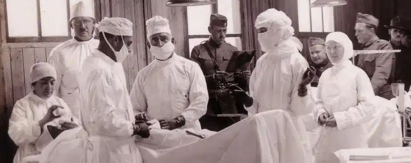 photo shows a surgical team in a WWI field hospital, a setting important to The Fevered World
